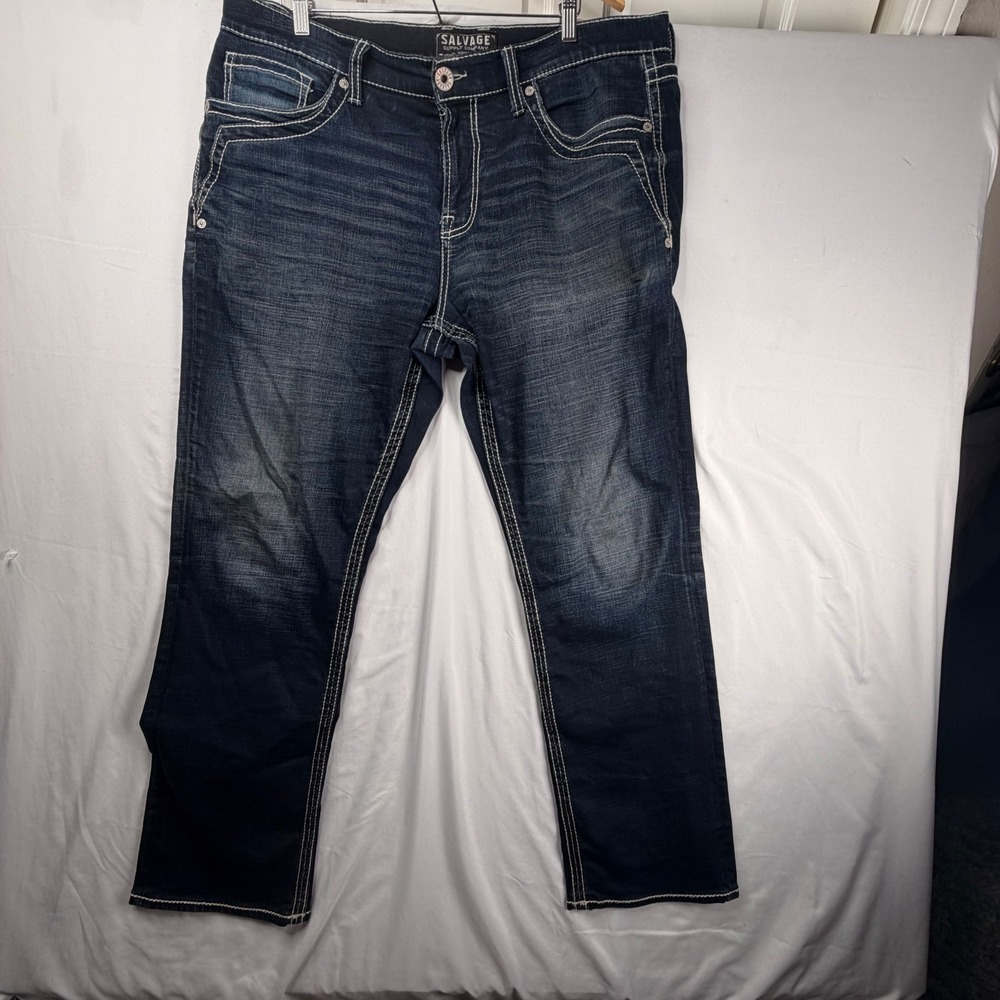 Salvage Anarchy Straight Jeans 42x30 Blue Relaxed Fit Contrast Stitch Dungarees